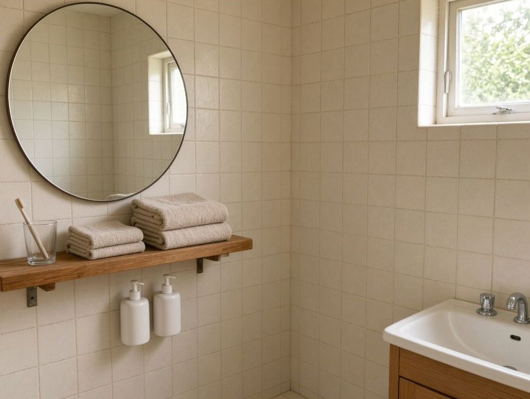 Bathroom with cream tiles, round mirror and timber shelf