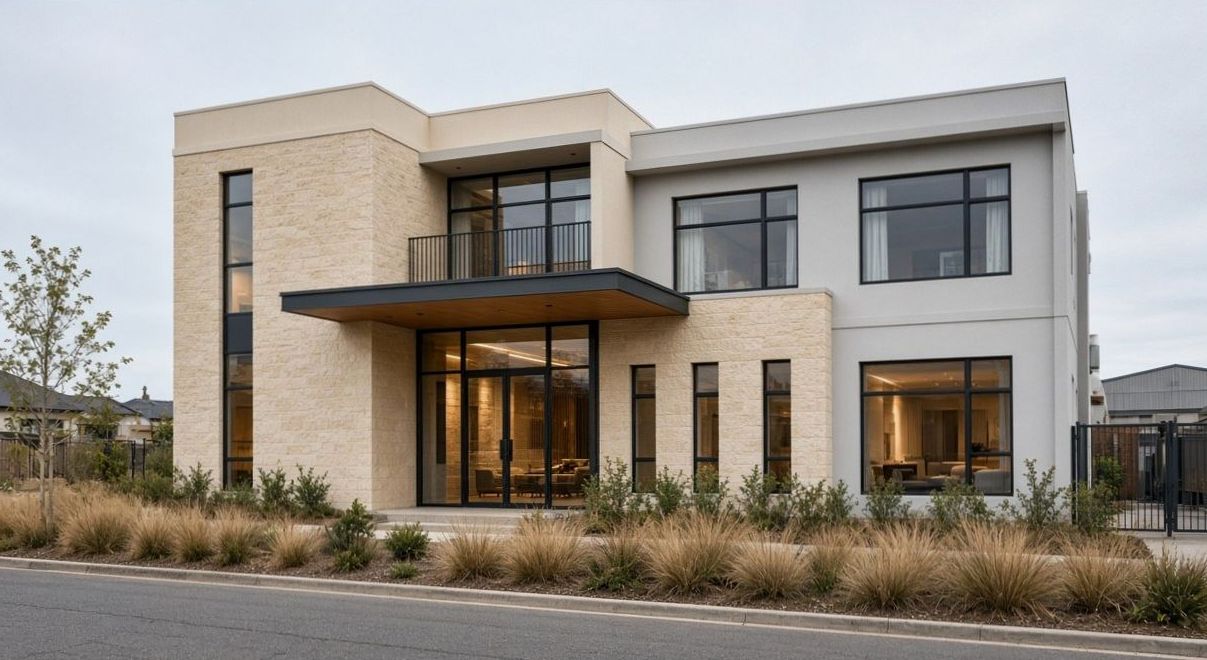Modern boutique hotel facade, cream stone and glass entrance, Hinchinbrook