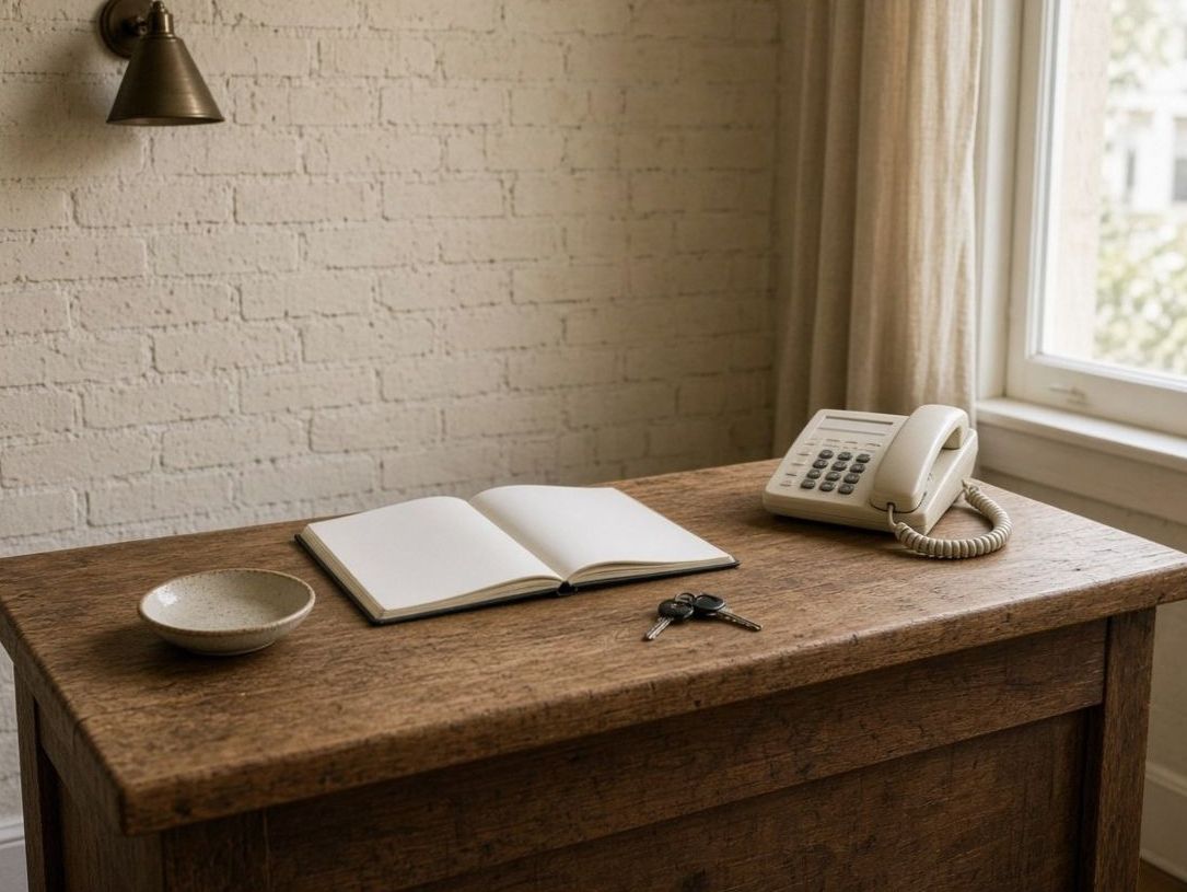 Reception desk with beige telephone and open notebook