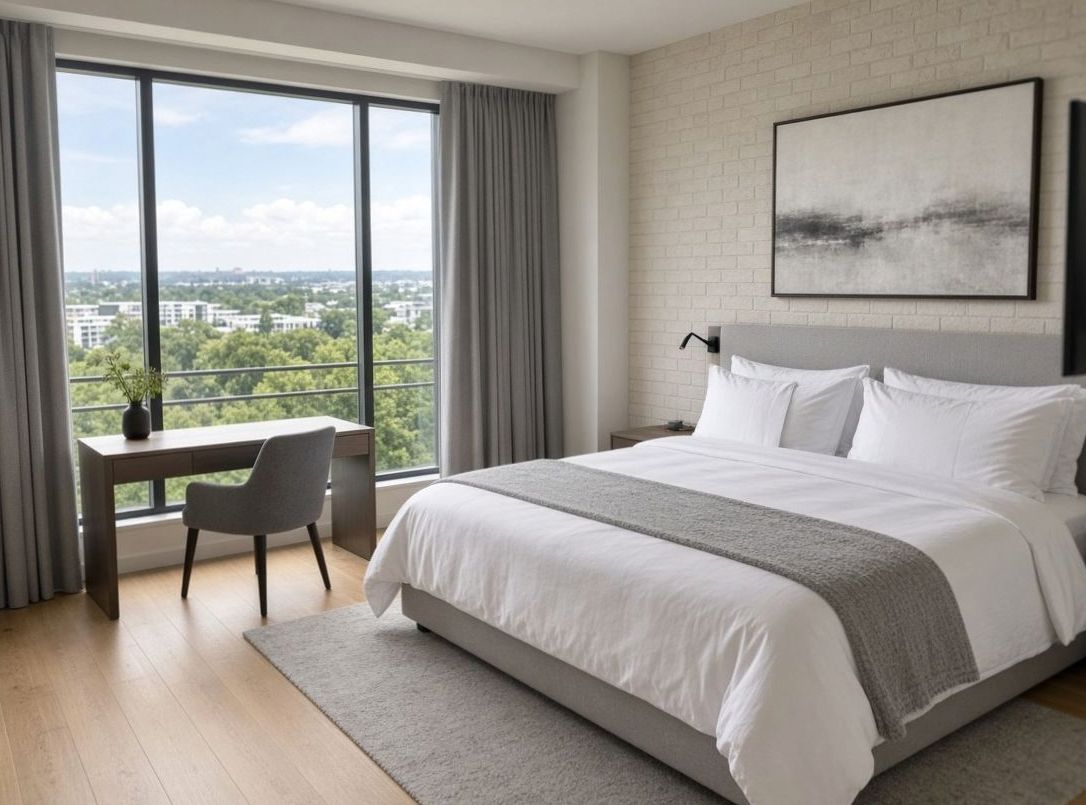 Bright modern hotel room with desk and window