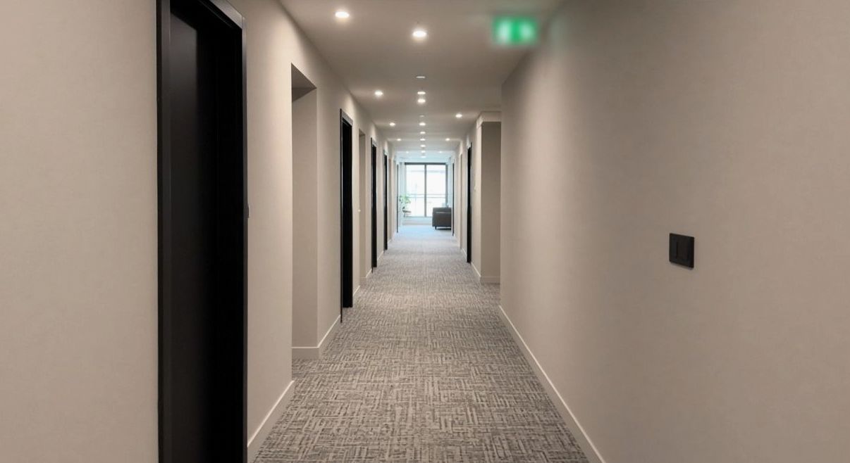 Modern hotel corridor, grey carpet and black door frames