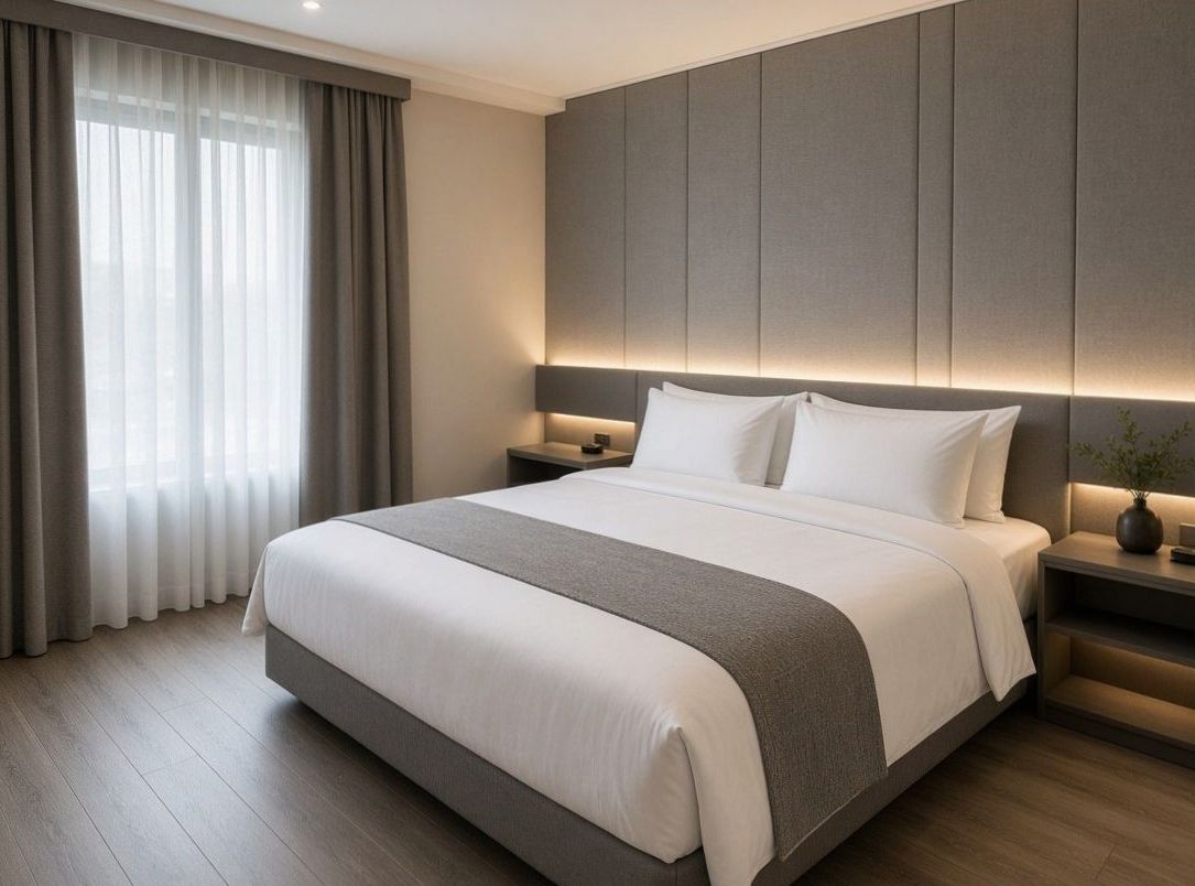 Modern hotel bedroom, grey headboard wall and white linen
