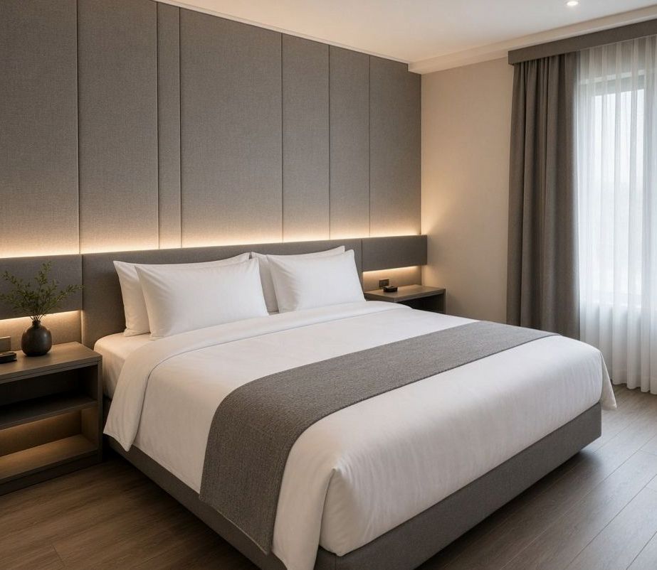 Modern hotel room detail, headboard lighting and linen