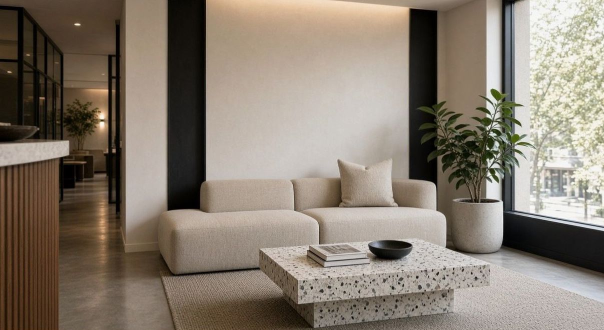 Hotel lobby lounge with terrazzo table and modular sofa