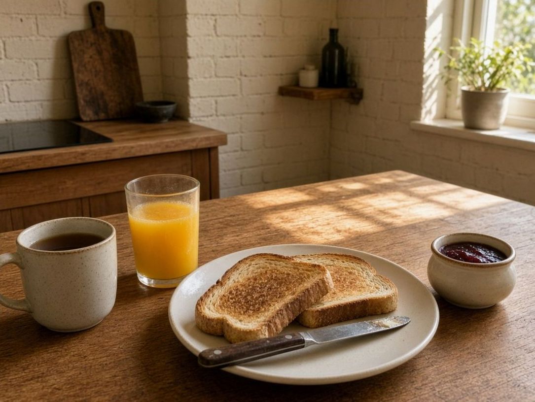 Toast, jam pot and tea on a timber breakfast table